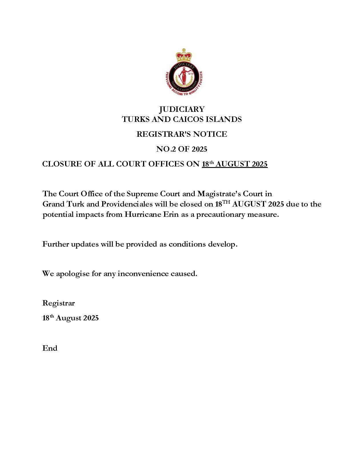NO.2 OF 2025   CLOSURE OF ALL COURT OFFICES ON 18th AUGUST 2025